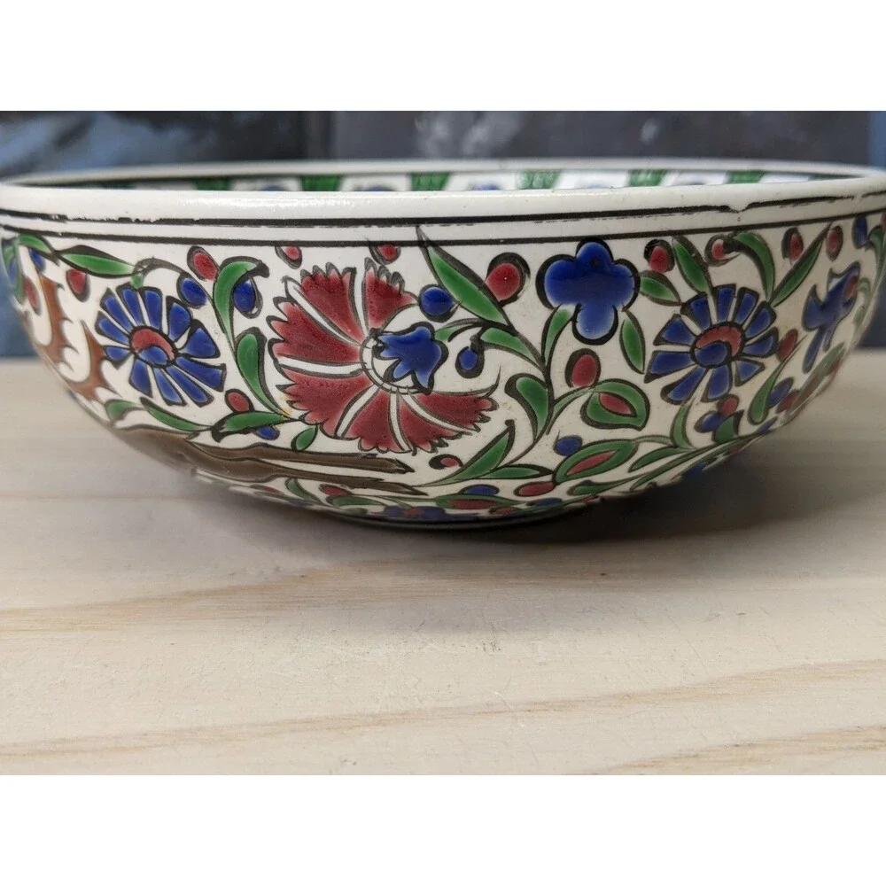 Hand painted Signed Small Turkish Bowl Red Green Floral Deer Trinkets Jewelry